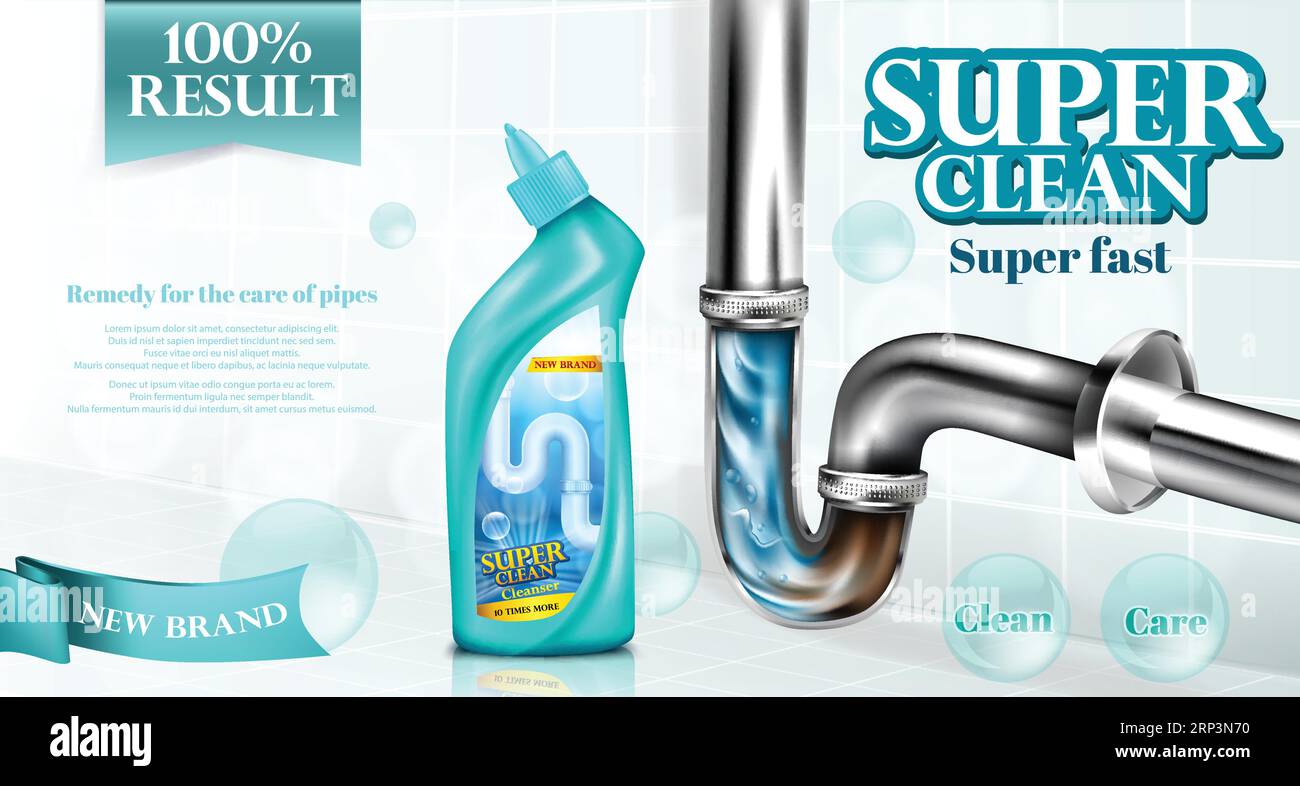 Vector drain pipe cleaner ad poster, detergent bottle near basin siphon