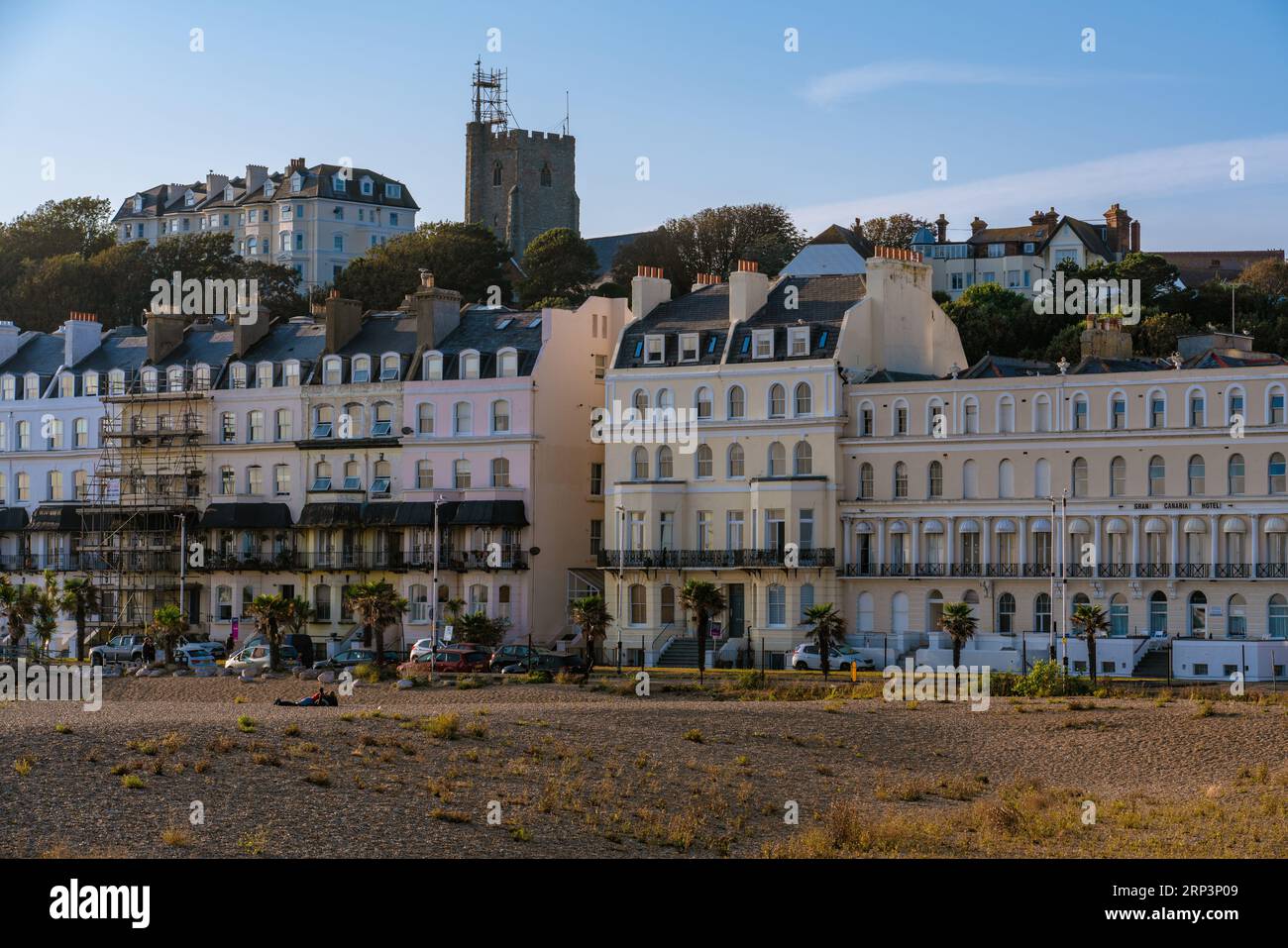 This is a view of traditional British buildings and houses along the beachfront area on September 22, 2021 in Folkestone, United Kingdom Stock Photo