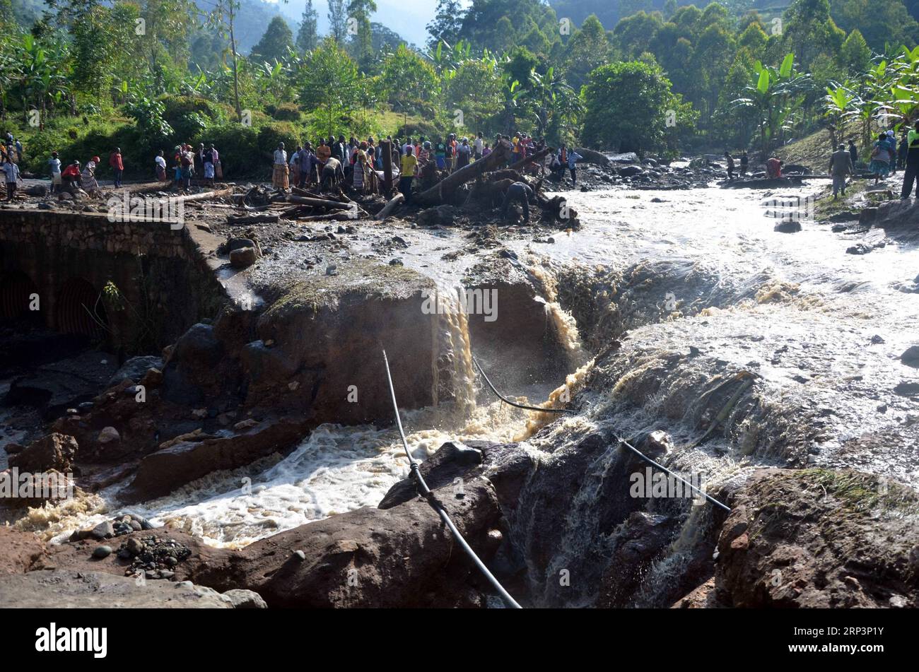 (181013) -- BUDUDA, Oct. 13, 2018 -- Exposed water pipes damaged by landslides are seen in Bukalasi sub county, Bududa district, eastern Uganda, Oct. 12, 2018. The death toll from landslides that hit the eastern Ugandan district of Bududa on Thursday had risen to 38, a senior government official said on Friday. ) (gj) UGANDA-BUDUDA-LANDSLIDES DanielxEdyegu PUBLICATIONxNOTxINxCHN Stock Photo