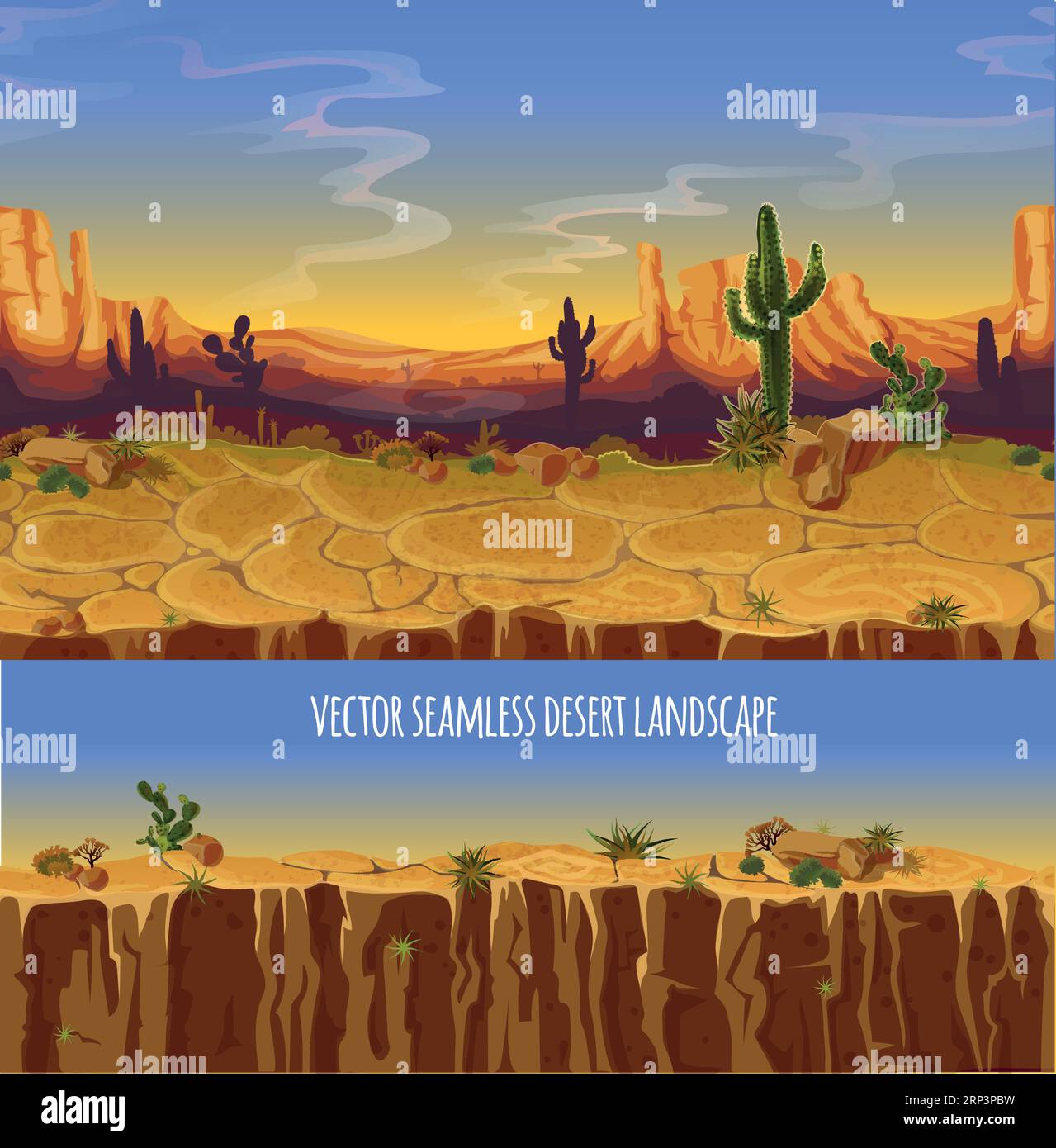 Vector seamless desert landscape. Cartoon poster, banner for game. Background, panorama with