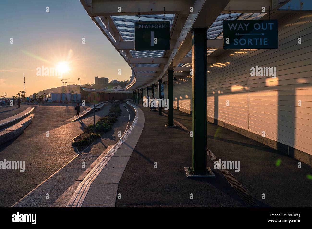 Sunset view of Folkestone Harbour Arm Railway Station, a modern landmark which was previously an old railway station on September 22, 2021 in Folkesto Stock Photo