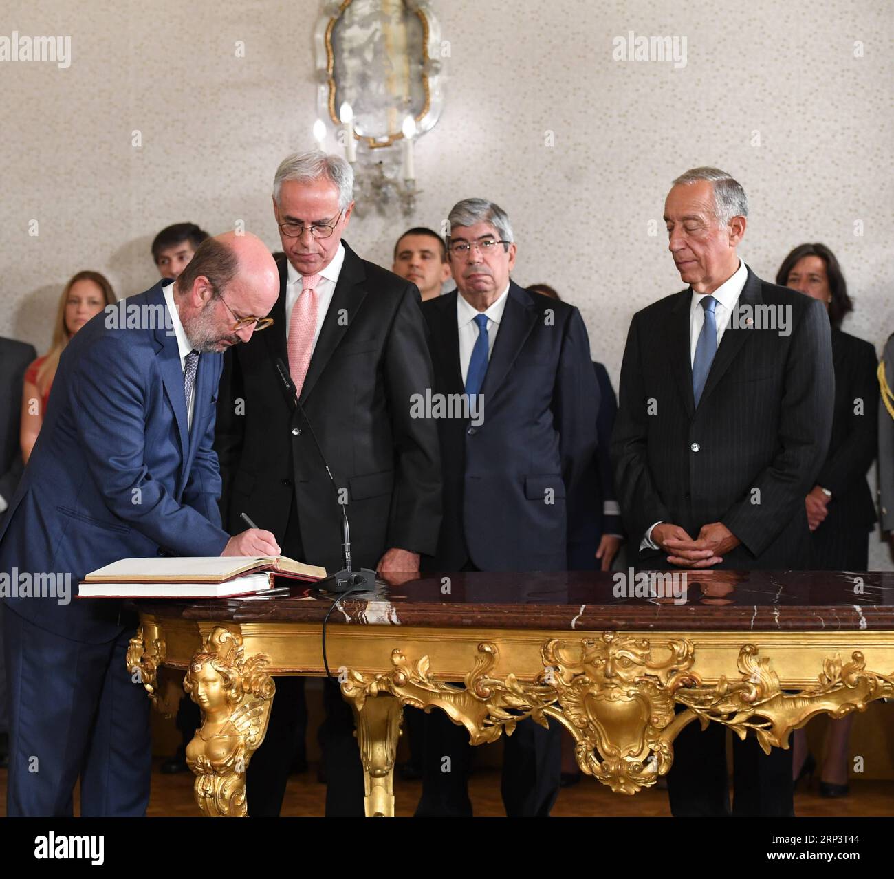 (181015) -- LISBON, Oct. 15, 2018 -- Newly appointed Portuguese Environment and Energy Transition Minister Joao Matos Fernandes (1st L) attends a swearing-in ceremony of new ministers in Lisbon, Portugal, on Oct. 15, 2018. ) (hy) PORTUGAL-LISBON-CABINET-RESHUFFLE ZhangxLiyun PUBLICATIONxNOTxINxCHN Stock Photo