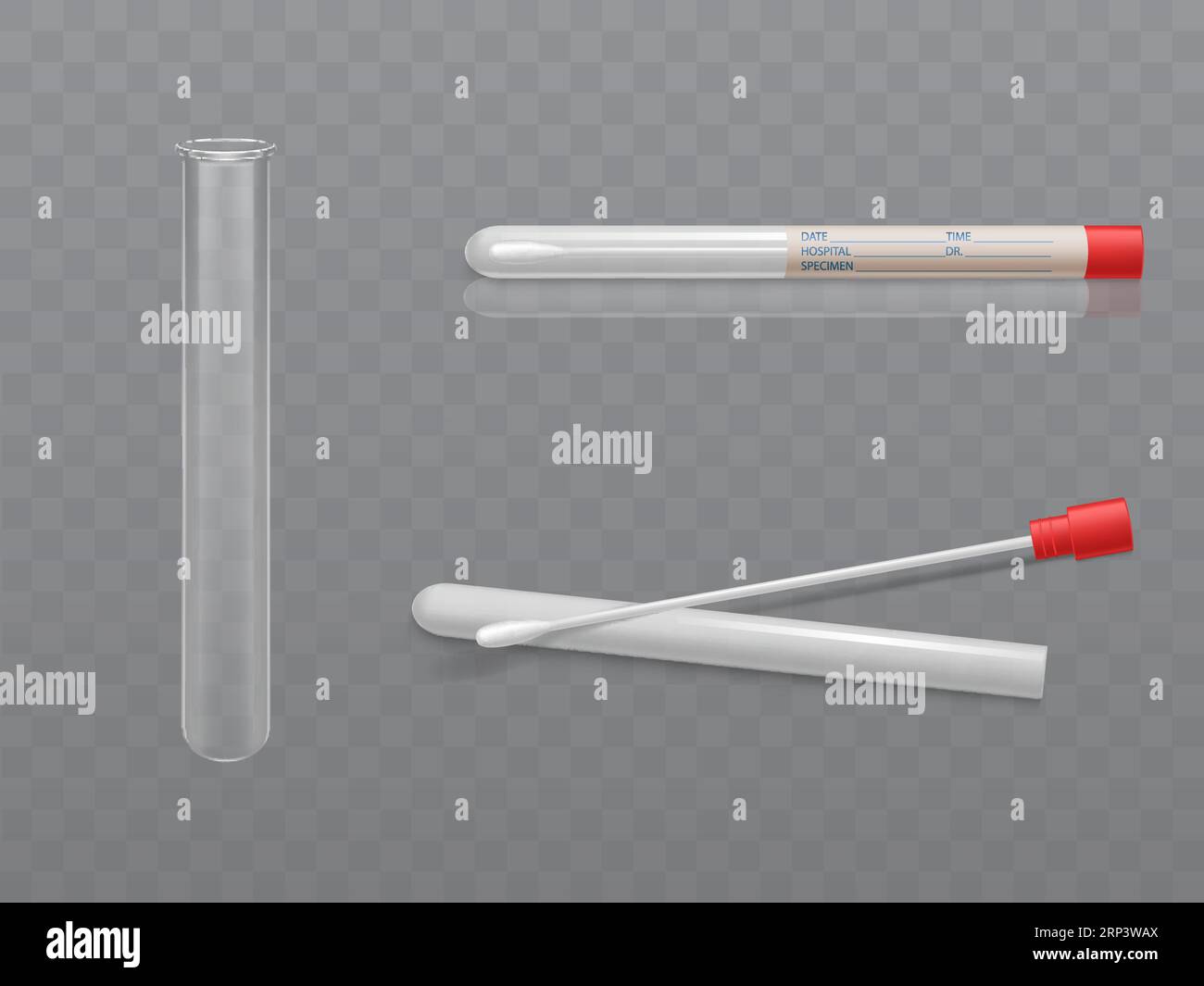 Vector medical set for analysis qtip with cotton swab and test tube, transparent glass