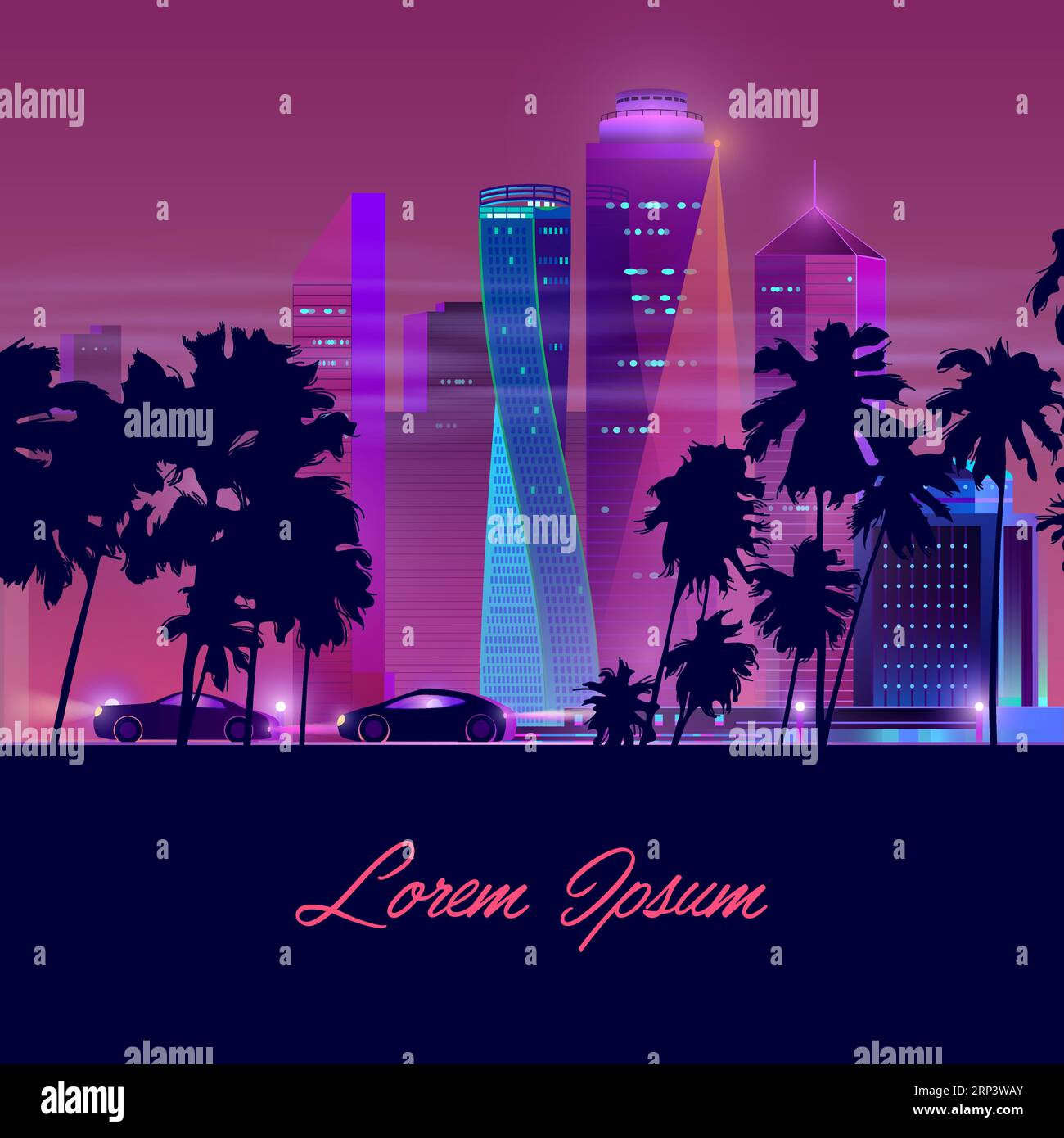 Resort city nightlife neon colors cartoon vector banner. Cars going on