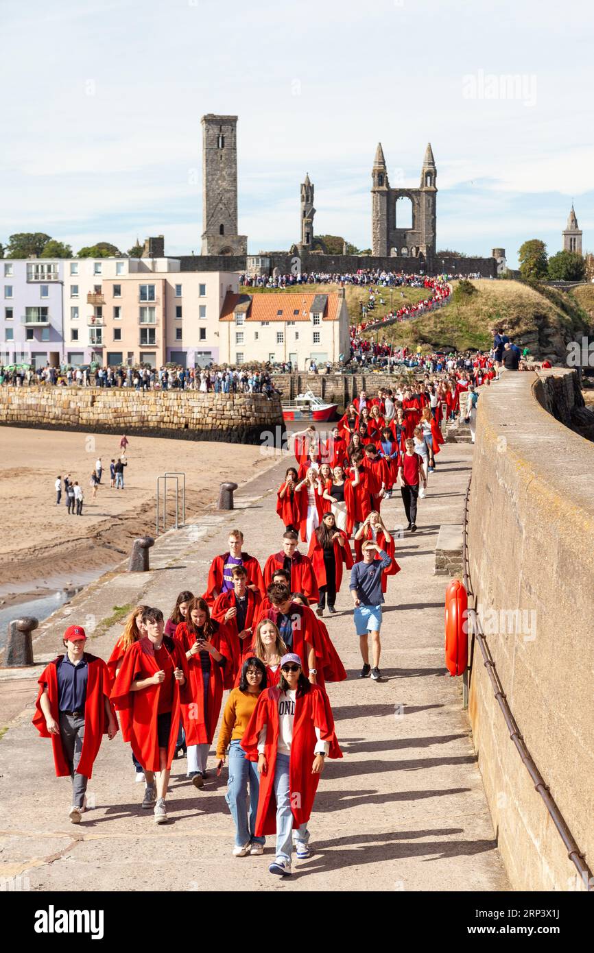 Traditional pier walk along harbour walls st andrews hi-res stock
