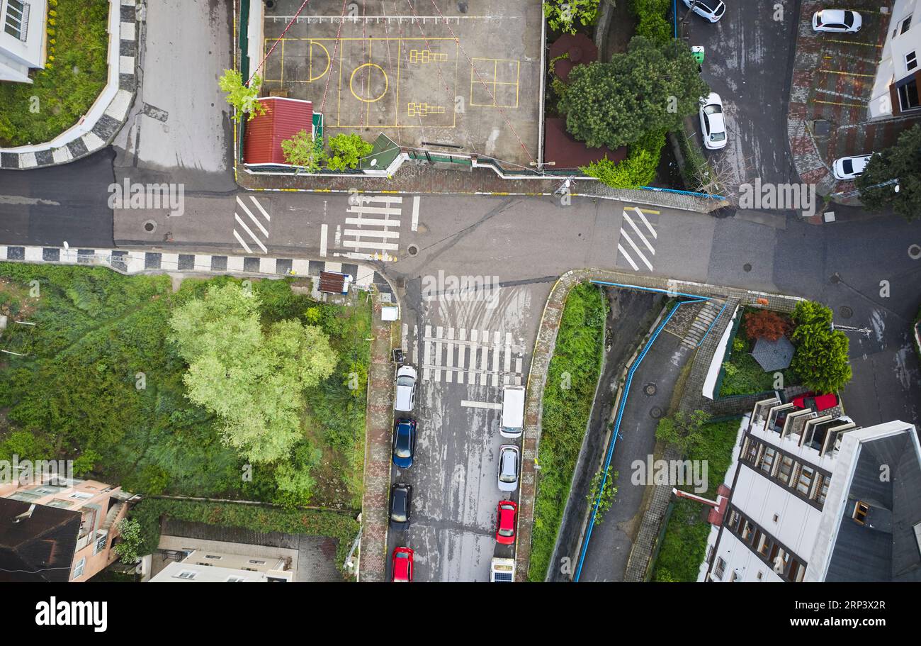 beautiful aerial shot with a drone from above a city. balkan country Stock Photo