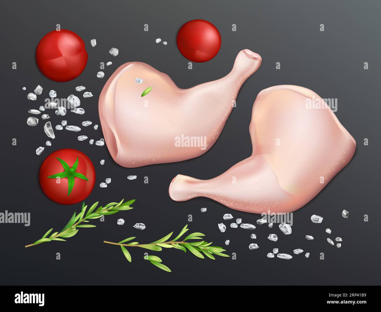 Poultry raw meat pieces with salt, tomatoes and spices 3d realistic