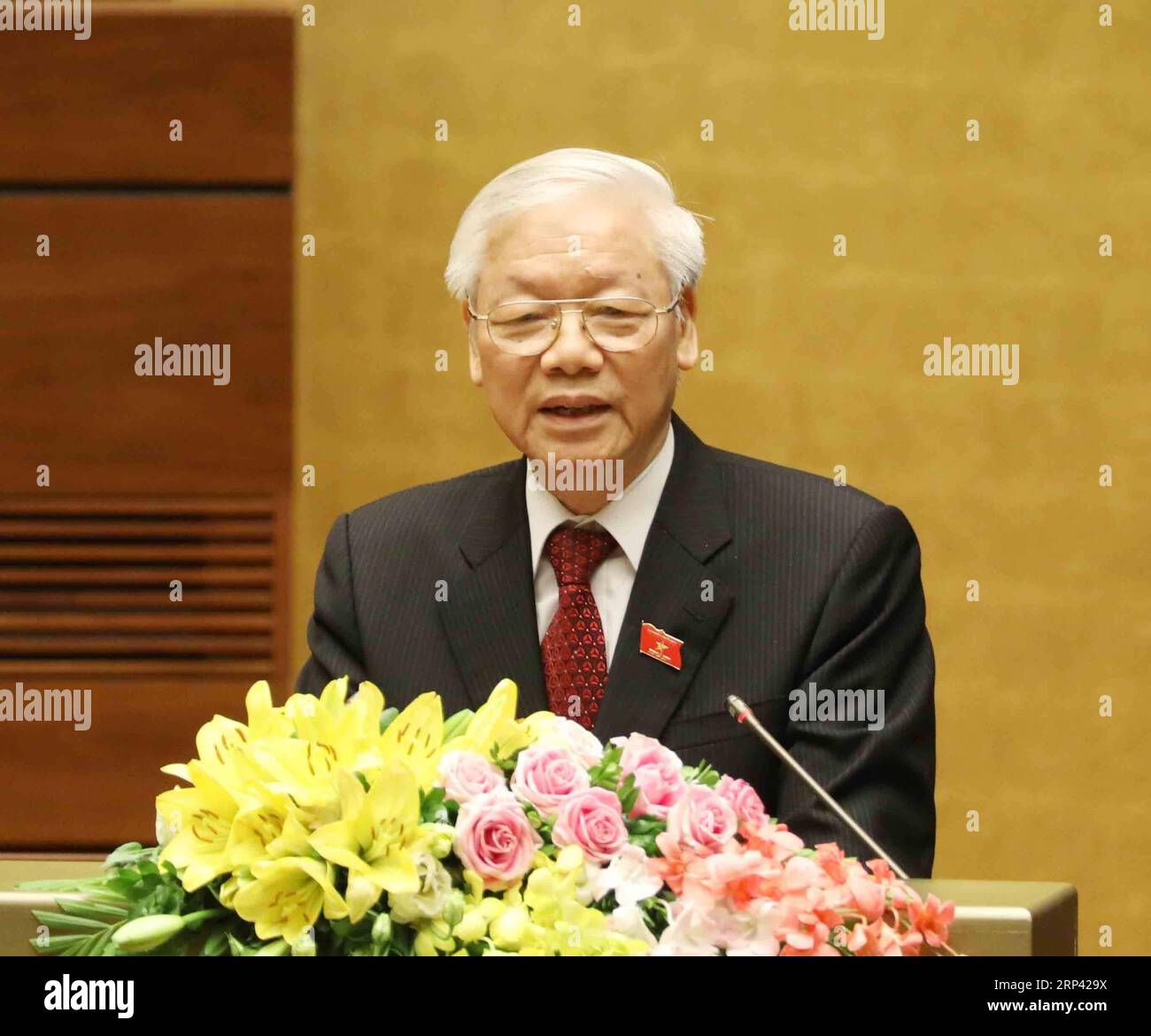 (181023) -- HANOI, Oct. 23, 2018 -- Vietnam s newly elected President Nguyen Phu Trong delivers a speech after being elected as the Vietnamese President in Hanoi, capital of Vietnam, on Oct. 23, 2018. Nguyen Phu Trong, general secretary of the Communist Party of Vietnam Central Committee (CPVCC), on Tuesday was elected president of Vietnam at the ongoing sixth session of the 14th National Assembly of Vietnam, the country s top legislature, Vietnam News Agency reported. )(dh) VIETNAM-HANOI-NEWLY ELECTED PRESIDENT-NGUYEN PHU TRONG VNA PUBLICATIONxNOTxINxCHN Stock Photo