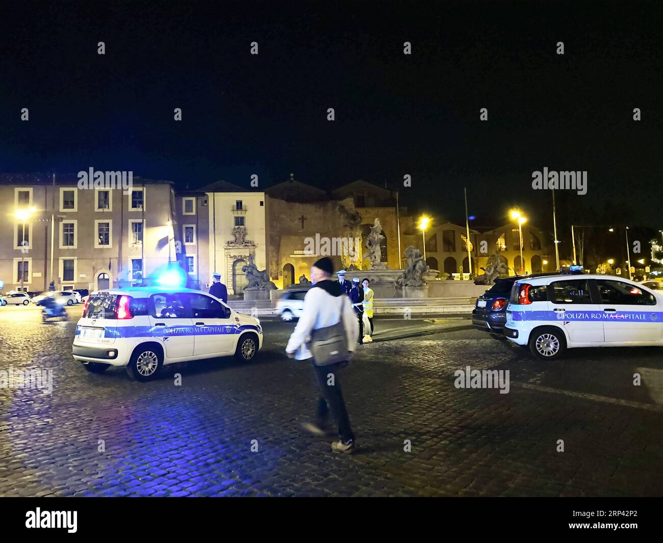(181023) -- ROME, Oct. 23, 2018 -- Police cars are seen near the metro station where an escalator collapsed in Rome, Italy, on Oct. 23, 2018. At least 20 Russian football fans were injured when an escalator at a busy Rome metro station collapsed on Tuesday night, local media reported. ) ITALY-ROME-METRO-ESCALATOR-COLLAPSE ChenxZhanjie PUBLICATIONxNOTxINxCHN Stock Photo