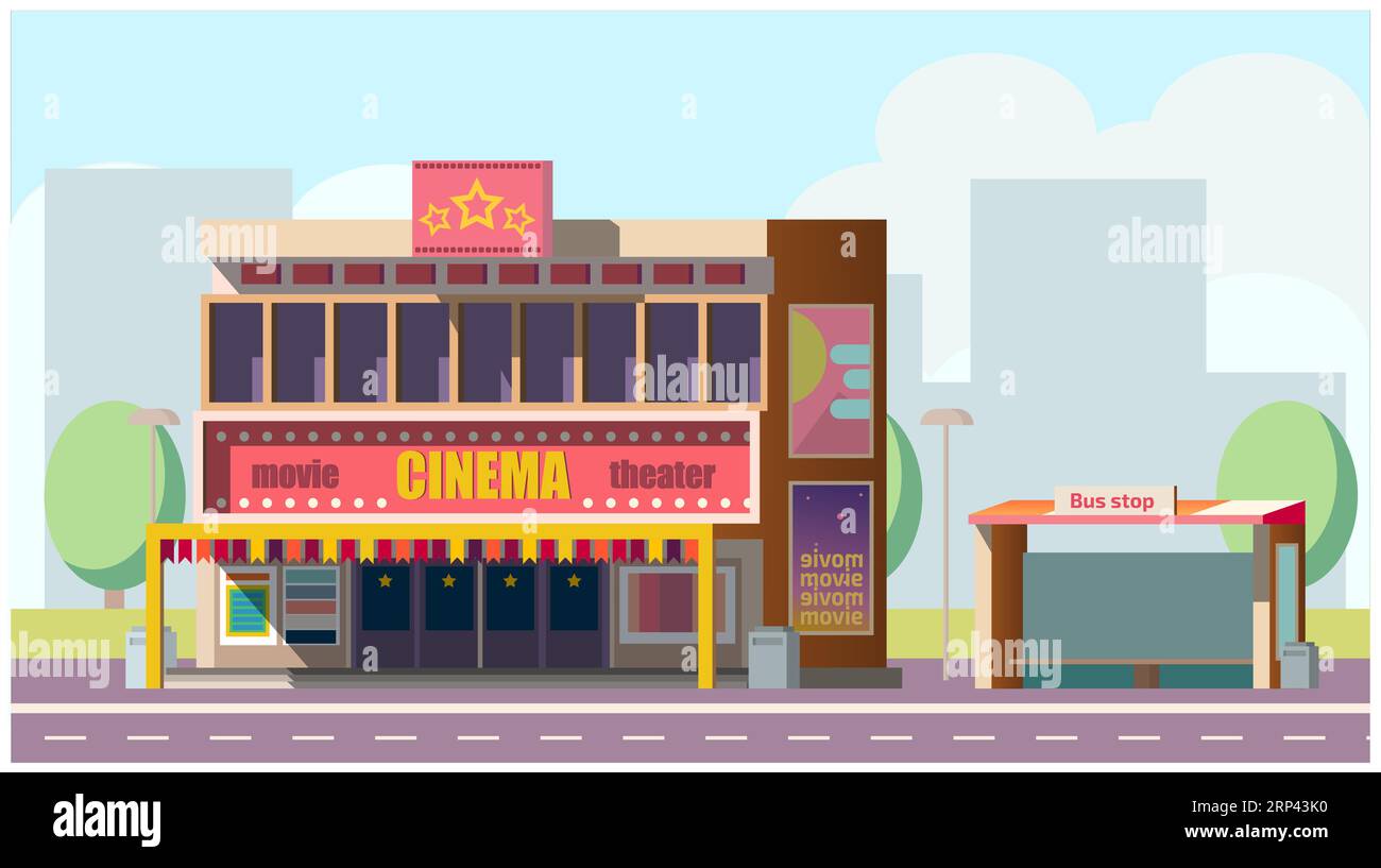 Modern city street with two way road, movie theater or cinema hall