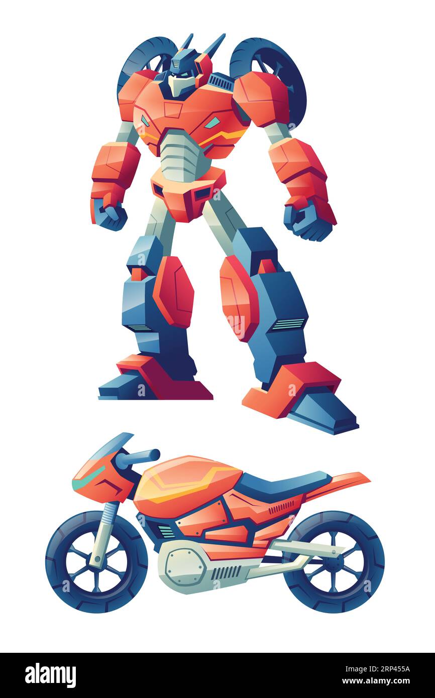 Red battle robot capable to transform in racing motorcycle, sport bike