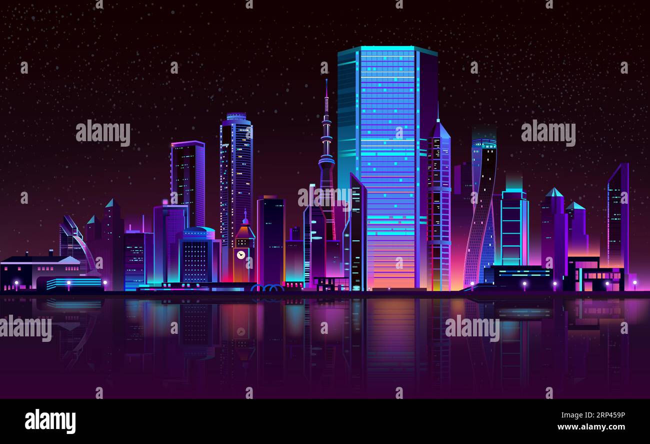 Modern metropolis night landscape in fluorescent, neon colors cartoon vector with illuminated futuristic architecture skyscrapers buildings on city ba Stock Vector