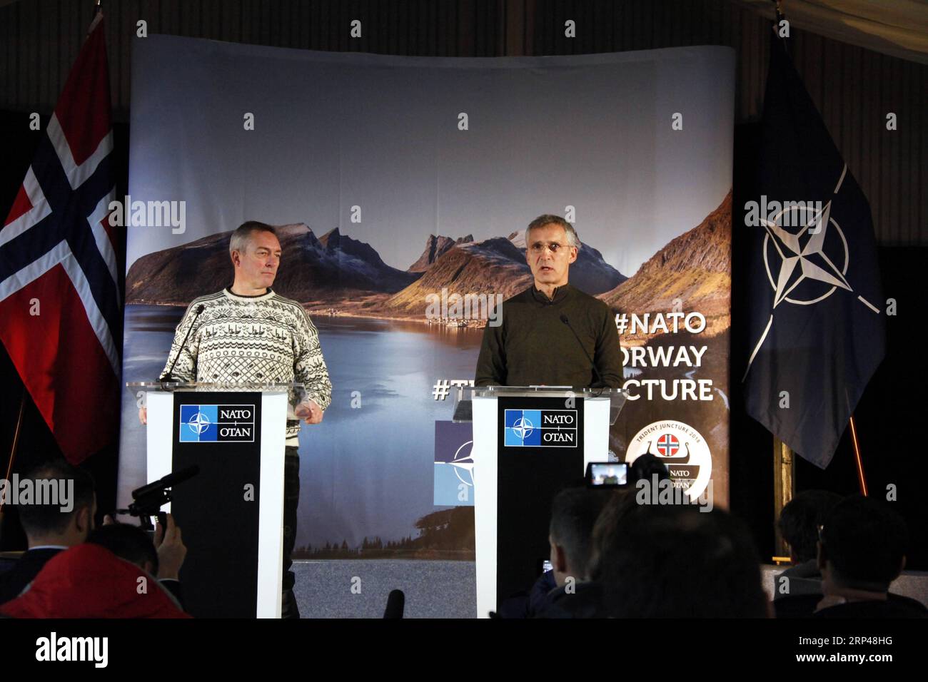 (181030) -- TRONDHEIM (NORWAY), Oct. 30, 2018 -- Norwegian Minister of Defence Frank Bakke-Jensen (L) and NATO Secretary General Jens Stoltenberg attend a press conference near Trondheim, Norway, Oct. 30, 2018. NATO said Tuesday the alliance will not change its plans for its biggest military exercise since the end of the Cold War in Norway after Russia announced to test missiles later this week in nearby international waters. ) NORWAY-TRONDHEIM-NATO-STOLTENBERG-PRESS CONFERENCE LiangxYouchang PUBLICATIONxNOTxINxCHN Stock Photo