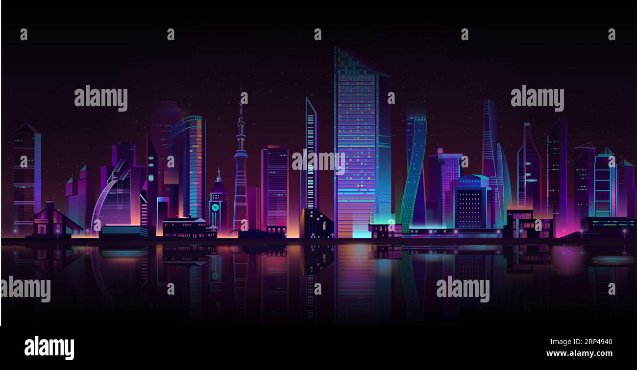 Night city street shrouded in darkness cartoon vector background. Metropolis skyscrapers towers, town buildings illuminated with neon color lights on Stock Vector