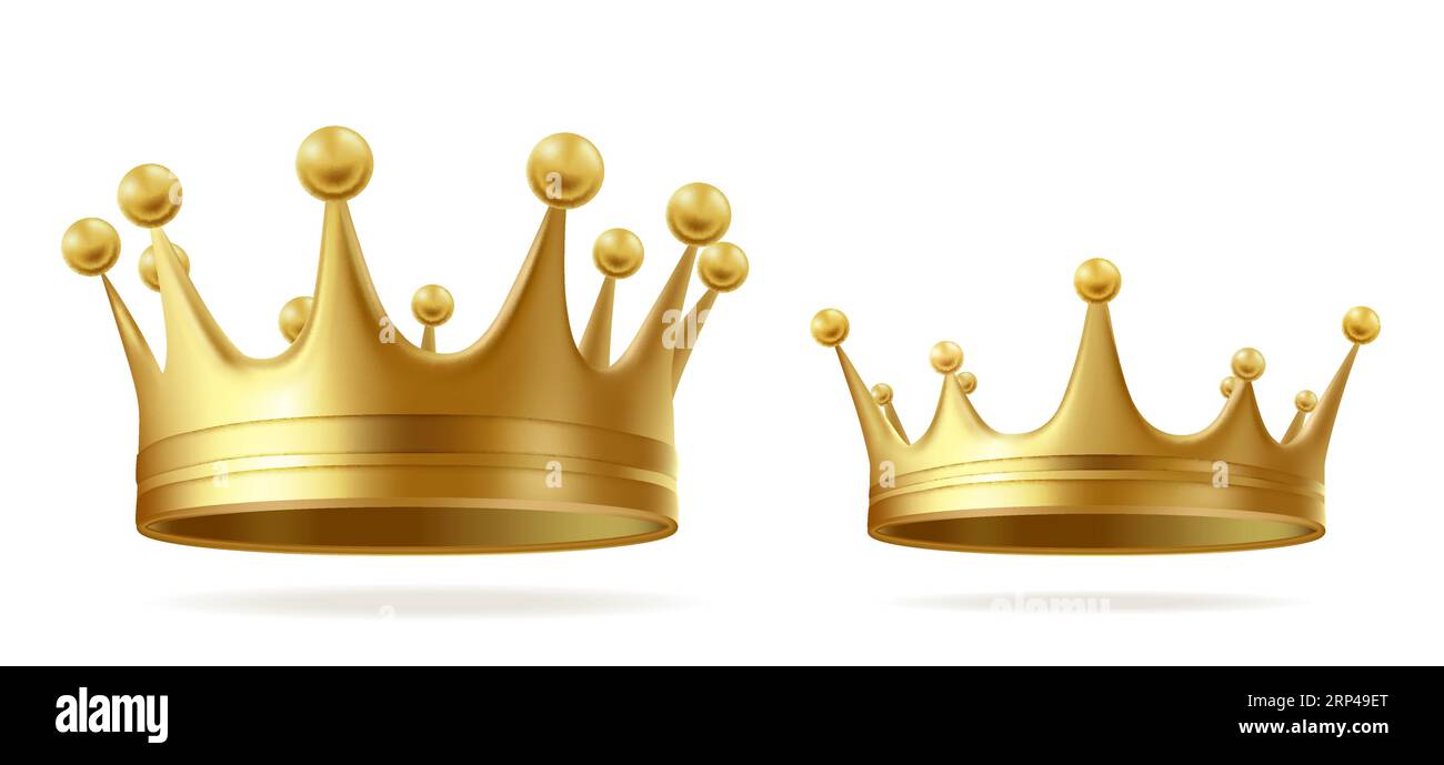 King or queen golden crowns realistic vector set isolated on white