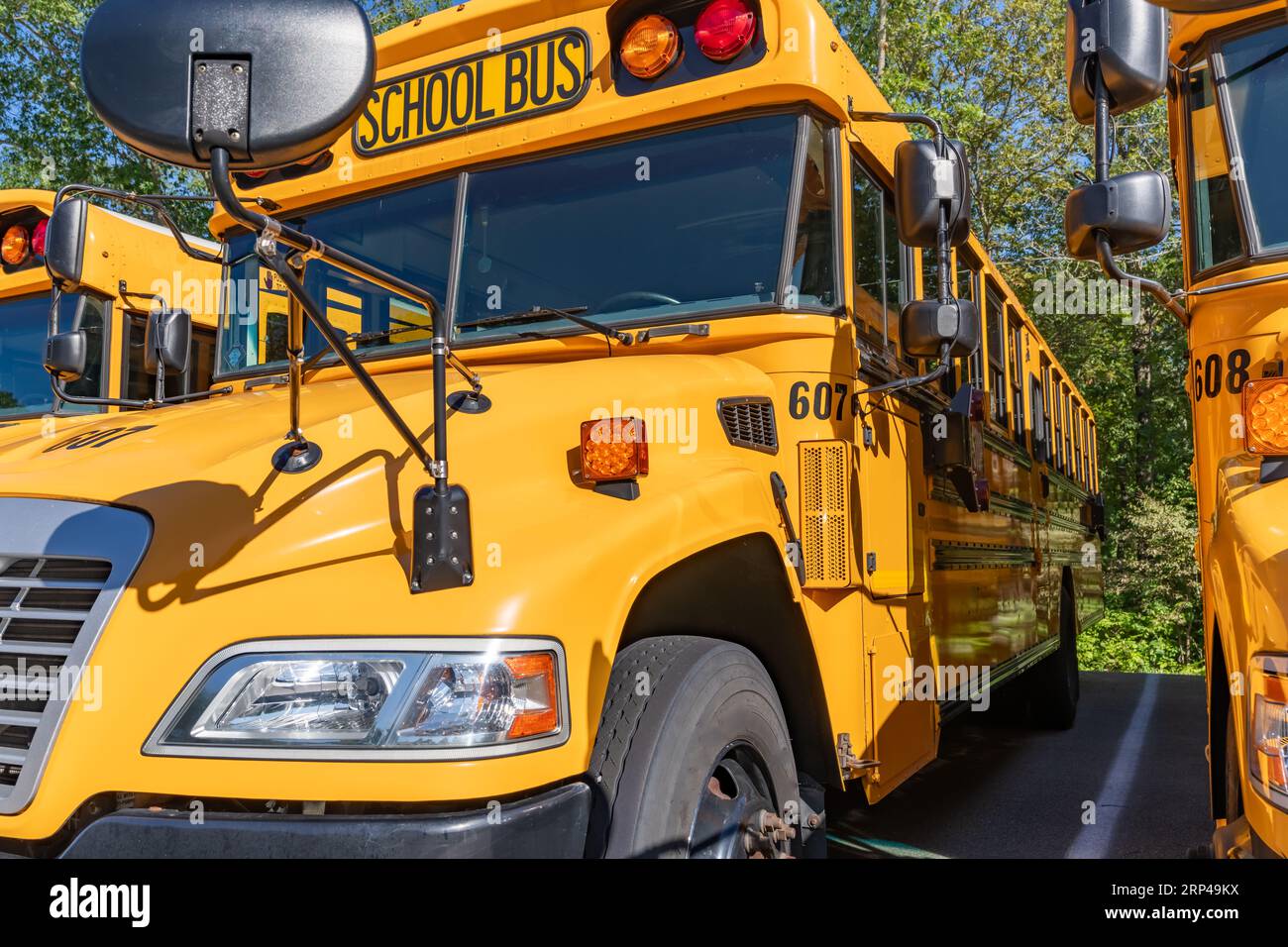 Front of a parked yellow school bus number 607 Stock Photo Alamy