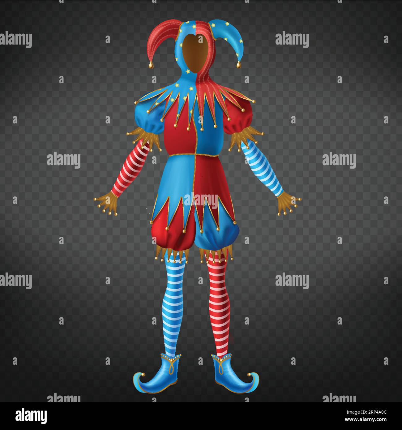 Jester red and blue costume with bells on horned hat, striped leggings