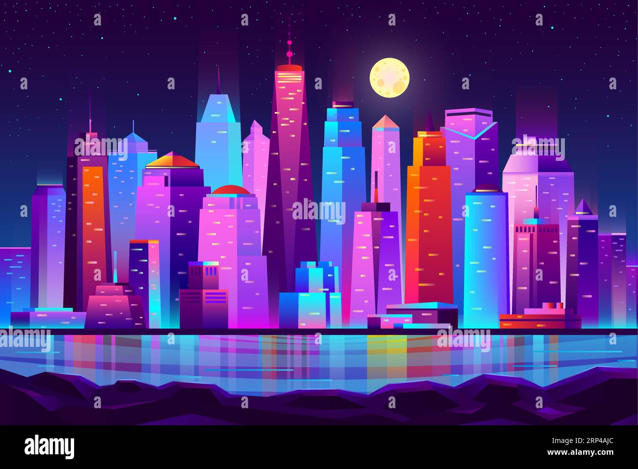 Modern new york city cartoon vector night landscape. Urban cityscape background with skyscrapers buildings on sea shore illuminated with neon light il Stock Vector