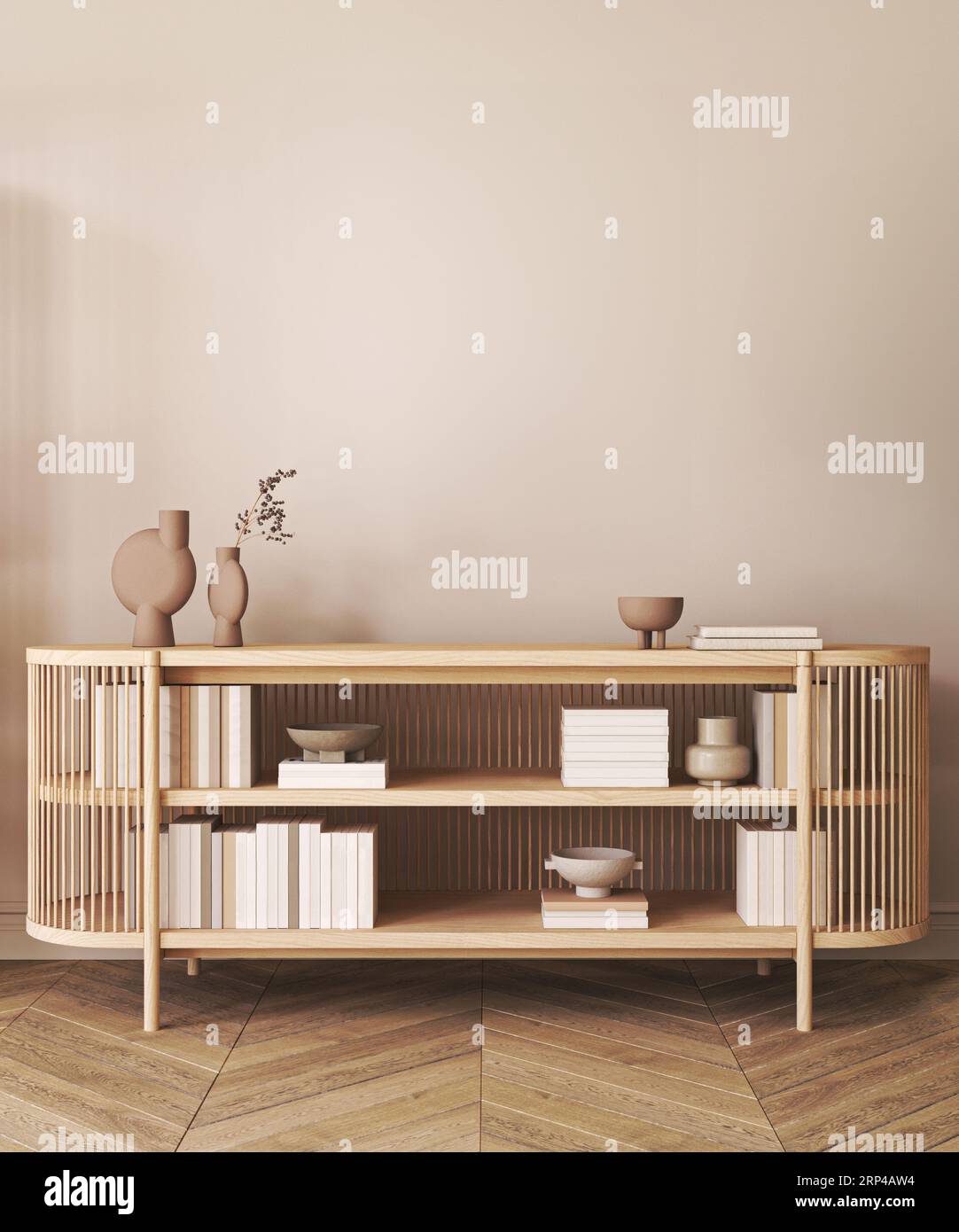 Japanese boho beige interior with shelfs and ethnic commode background ...