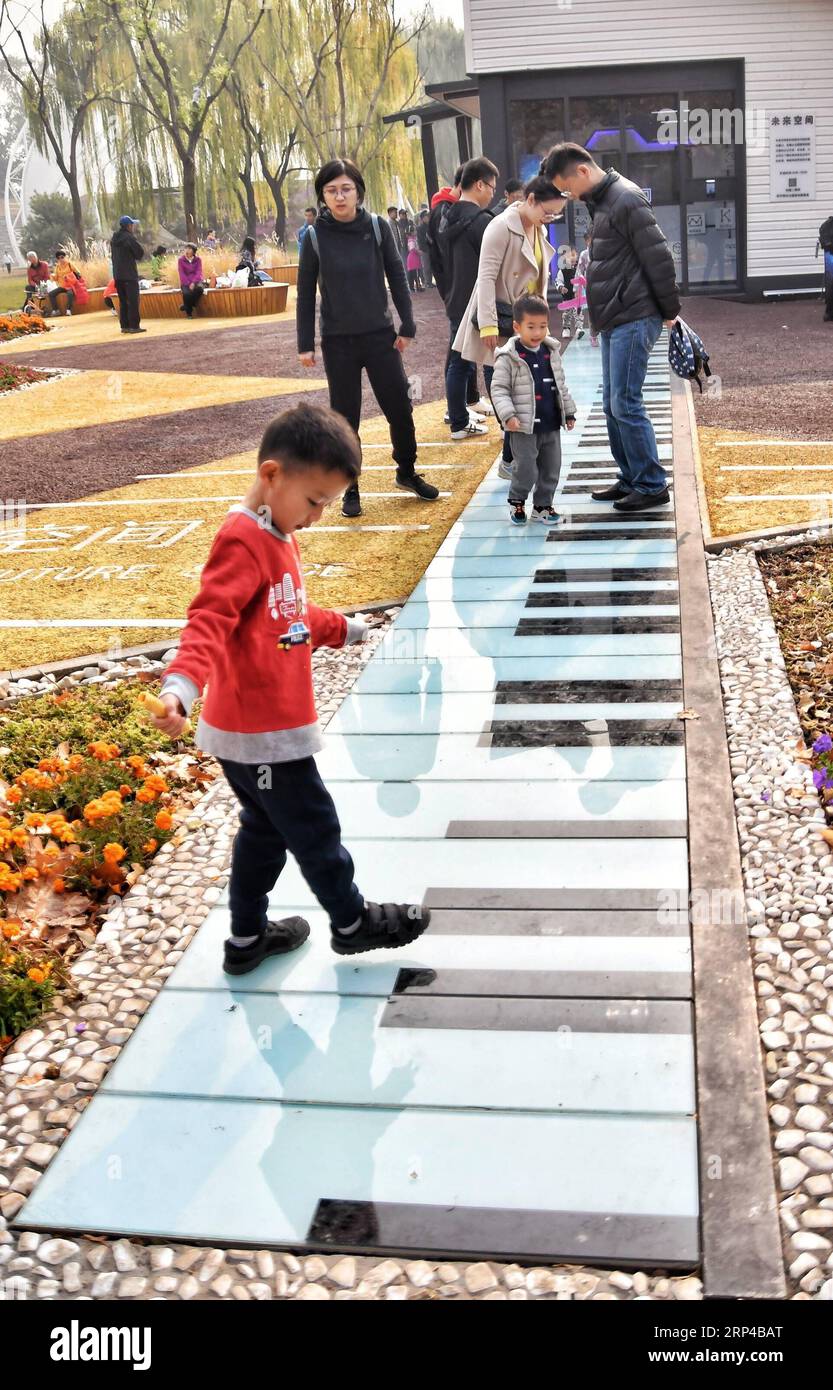 (181103) -- BEIJING, Nov. 3, 2018 -- Citizens have fun on an intelligent piano-key walkway at an AI park in Haidian District in Beijing, capital of China, on Nov. 3, 2018. An AI park co-built by Haidian authorities and Baidu, China s search engine giant, was opened to the public recently. The park is equipped with various AI facilities, such as intelligent running track, unmanned sightseeing bus and face recognition automat, offering AI experience for citizens. ) (sxk) CHINA-BEIJING-AI PARK (CN) LixXin PUBLICATIONxNOTxINxCHN Stock Photo