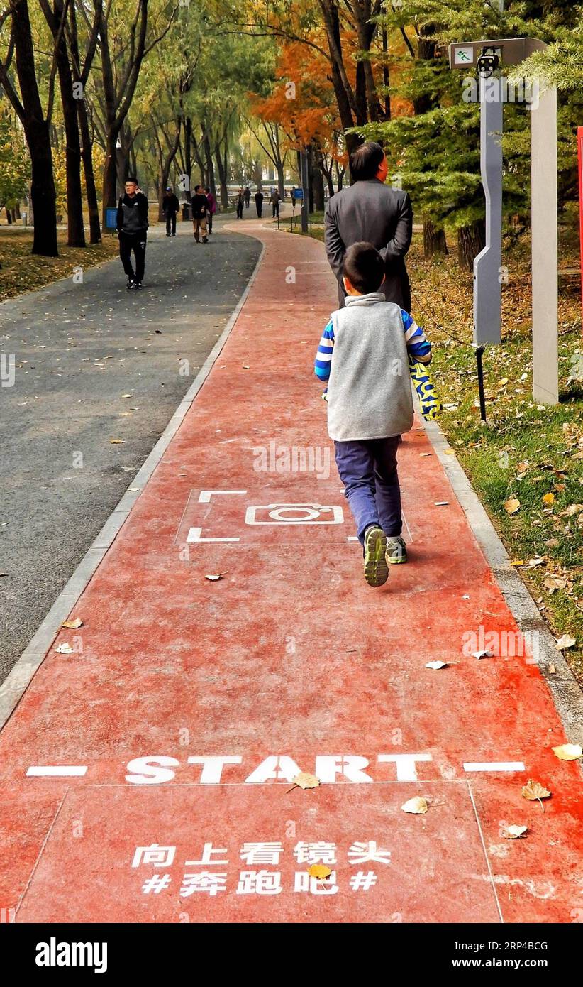 (181103) -- BEIJING, Nov. 3, 2018 -- Citizens walk on an intelligent running track at an AI park in Haidian District in Beijing, capital of China, on Nov. 3, 2018. An AI park co-built by Haidian authorities and Baidu, China s search engine giant, was opened to the public recently. The park is equipped with various AI facilities, such as intelligent running track, unmanned sightseeing bus and face recognition automat, offering AI experience for citizens. ) (sxk) CHINA-BEIJING-AI PARK (CN) LixXin PUBLICATIONxNOTxINxCHN Stock Photo