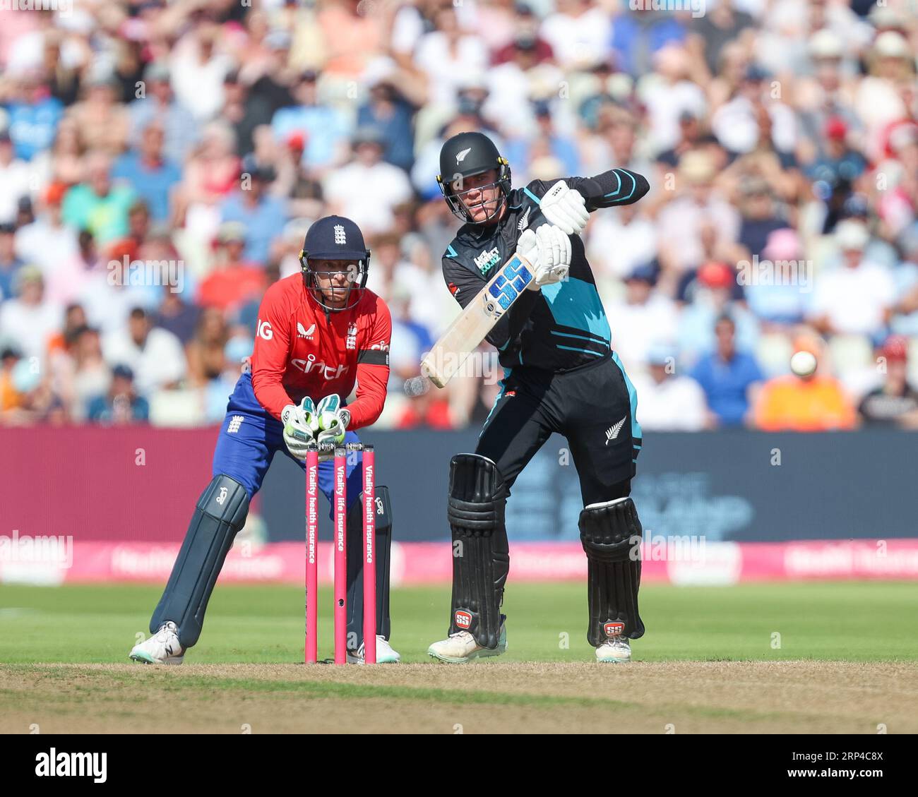 Birmingham, UK. 03rd Sep, 2023. Blackcaps Finn Allen on his way to reaching his half century during the England Men v New Zealand 3rd Vitality T20 International match between England and New Zealand at Edgbaston Cricket Ground, Birmingham, England on 3 September 2023. Photo by Stuart Leggett. Editorial use only, license required for commercial use. No use in betting, games or a single club/league/player publications. Credit: UK Sports Pics Ltd/Alamy Live News Stock Photo