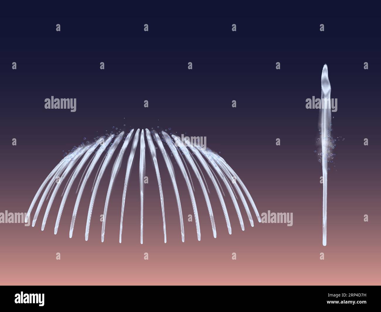 Fountain water jets set isolated on dark background. Single and