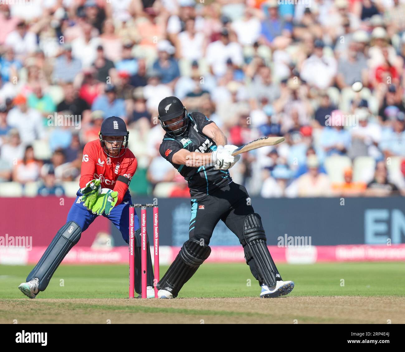 Birmingham, UK. 03rd Sep, 2023. Blackcaps Matt Henry hits it for 6 during the England Men v New Zealand 3rd Vitality T20 International match between England and New Zealand at Edgbaston Cricket Ground, Birmingham, England on 3 September 2023. Photo by Stuart Leggett. Editorial use only, license required for commercial use. No use in betting, games or a single club/league/player publications. Credit: UK Sports Pics Ltd/Alamy Live News Stock Photo