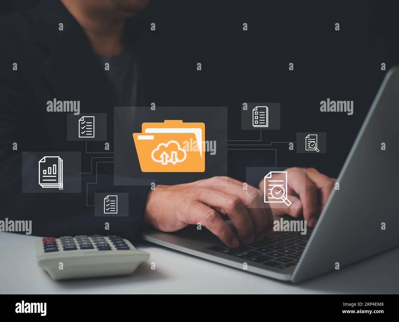 Businessmen use computers to manage documents and important information