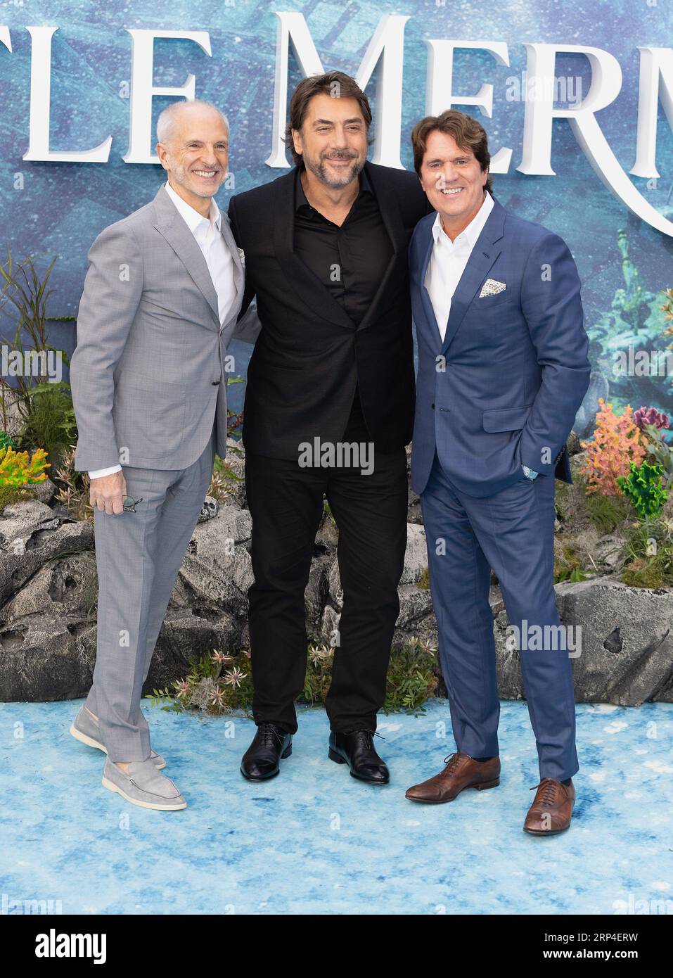 London, UK. 15 May, 2023.  (L-R) John DeLuca, Javier Bardem and Rob Marshall attend The Little Mermaid  UK Premiere Arrivals at Odeon Luxe Leicester Square in London.  Credit: S.A.M./Alamy Live News Stock Photo
