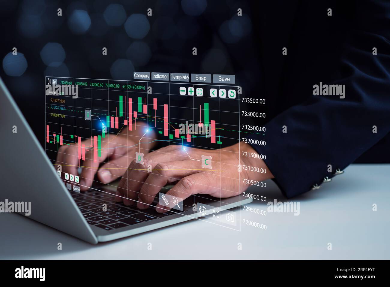Businessman using computer for investment, investment and finance concept Businessman holding money, stock market, profit and business growth. Stock Photo