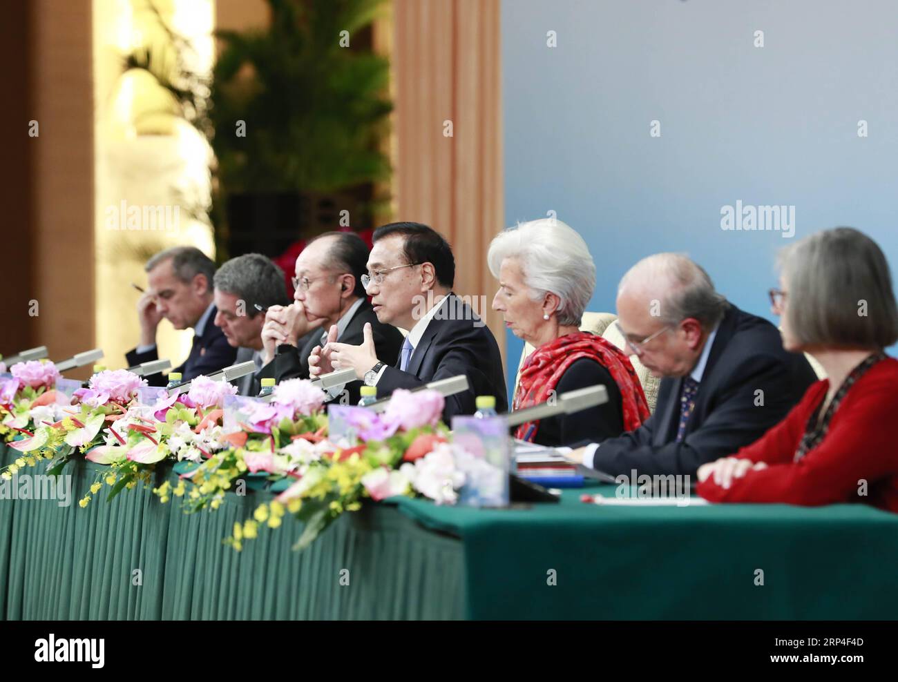 (181106) -- BEIJING, Nov. 6, 2018 -- Chinese Premier Li Keqiang (C), together with World Bank Group (WBG) President Jim Yong Kim, International Monetary Fund (IMF) Managing Director Christine Lagarde, World Trade Organization (WTO) Director-General Roberto Azevedo, Organization for Economic Cooperation and Development (OECD) Secretary-General Angel Gurria, Financial Stability Board (FSB) Chairman Mark Carney and International Labor Organization (ILO) Deputy Director-General Deborah Greenfield, meets the press after the third 1+6 Roundtable held in Beijing, capital of China, on Nov. 6, 2018. ) Stock Photo
