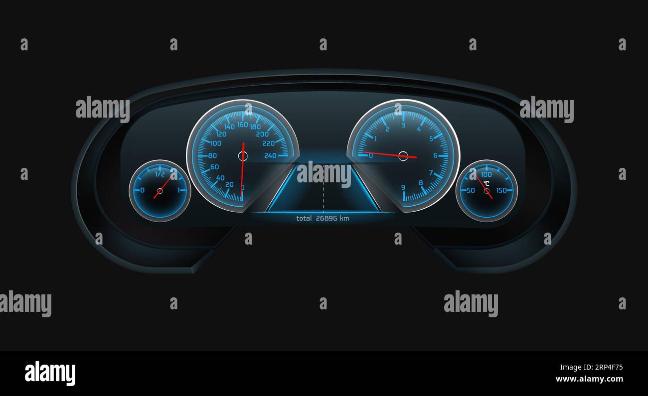 Car digital dashboard screen with glowing blue speedometer, tachometer