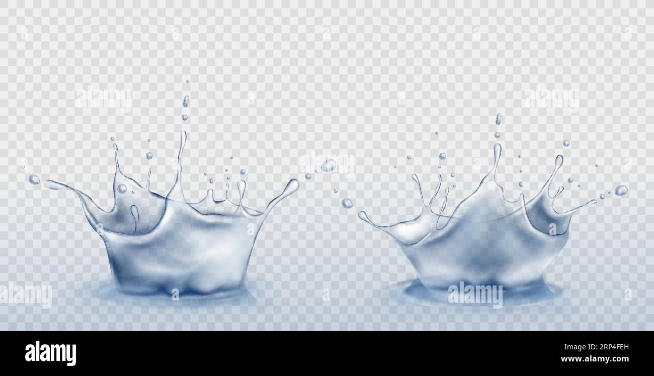 Water splash set in shape of crown with spray droplets and dispersing circles on liquid surface. Aqua dynamic motion on transparent background, hydrat Stock Vector
