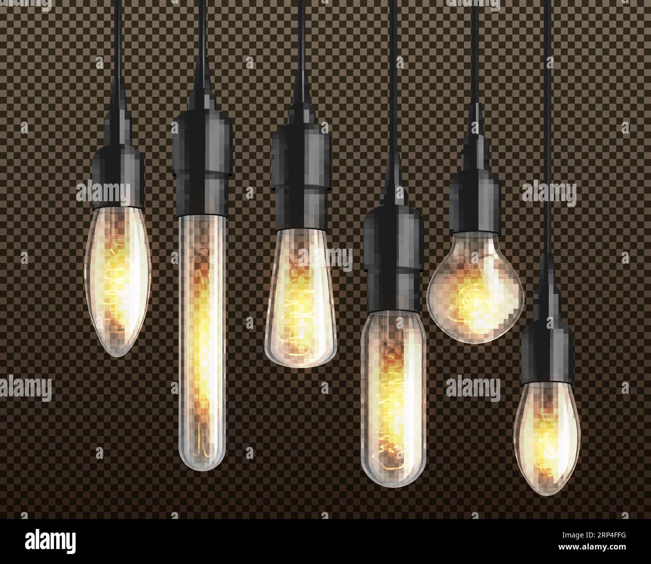 Glowing in darkness different shapes and forms incandescent light bulbs