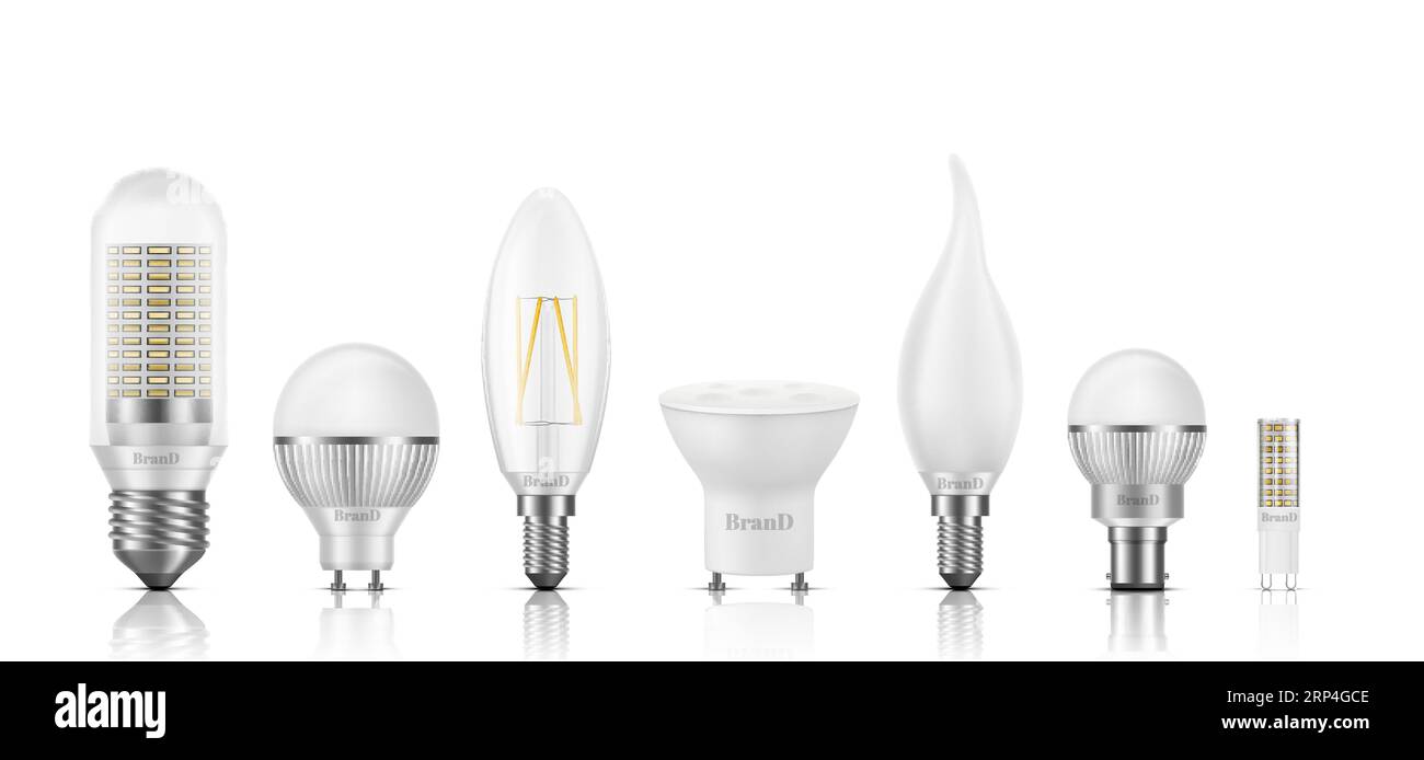 Different shape, size, base and filament types LED bulbs 3d realistic