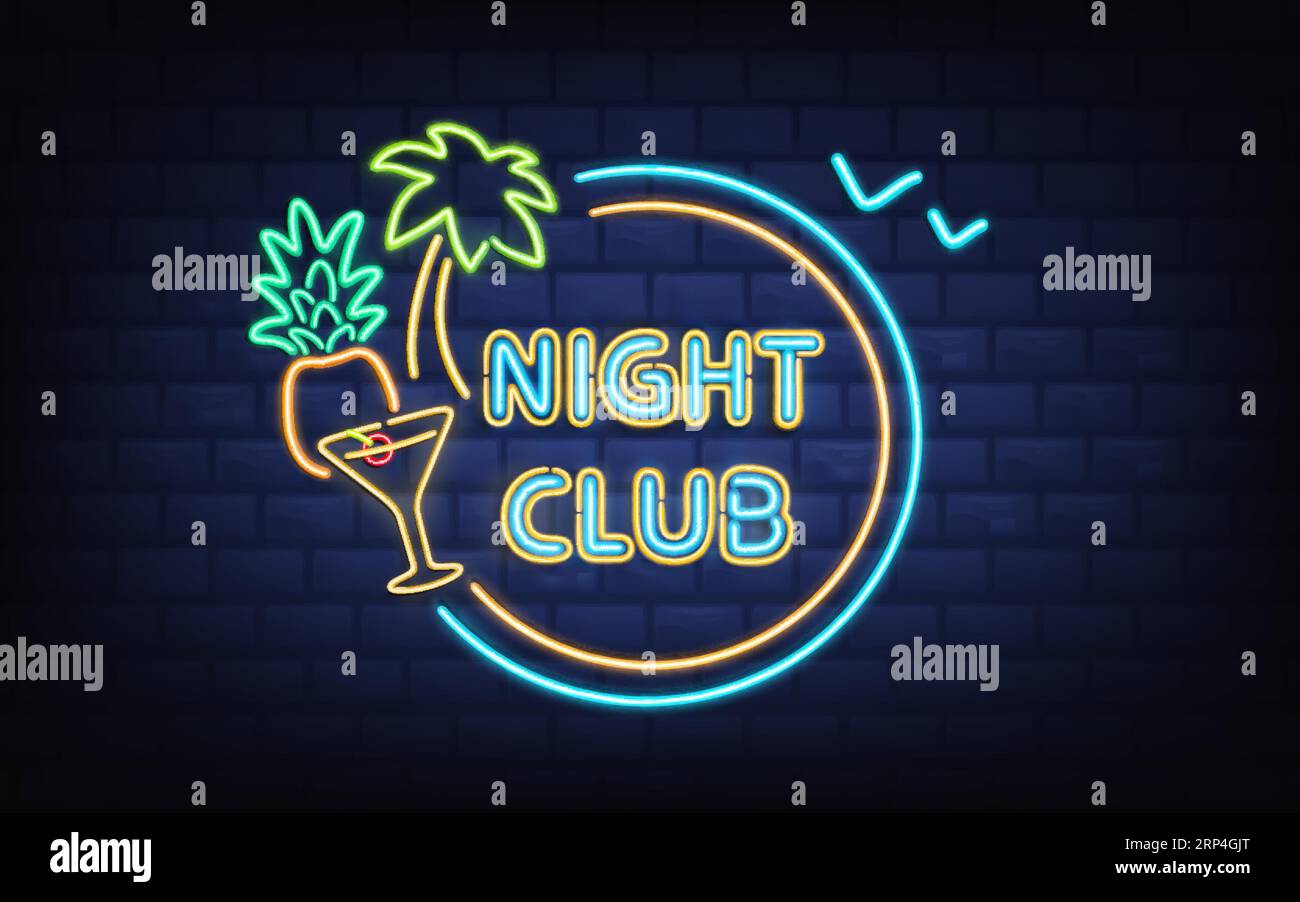 Resort night club, beach cocktail bar retro signboard with palm tree ...