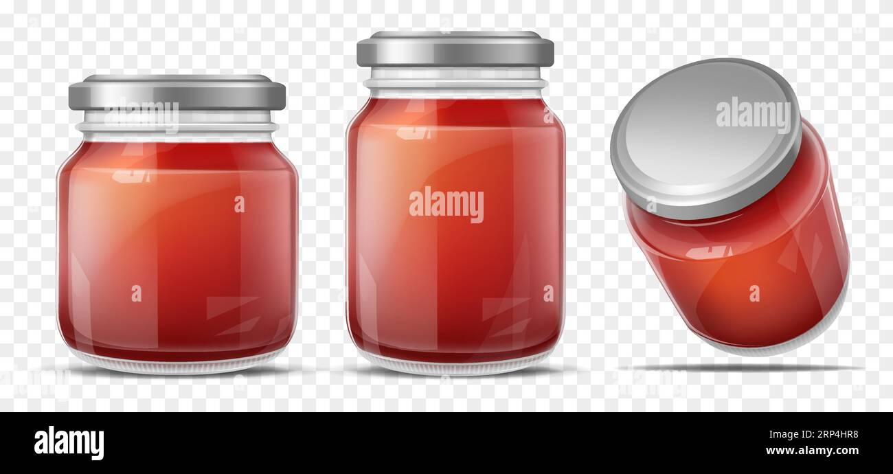 Tomato sauce canned in glass jars with screw metal lid, side