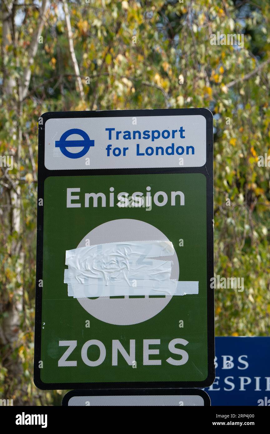 Harefield, London, Borough of Hillingdon, UK. 3rd September, 2023. Masking tape stuck over a ULEZ camera warning sign. A number of new ULEZ signs and cameras in Harefield in the London Borough of Hillingdon have been vandalised by vigilantes since the new extended Ultra Low Emission Zone (ULEZ) became effective in Outer London on 29th August, 2023. Camera lenses have been sprayed over, had masking tape put on the lenses and had stickers put over the lenses. Some ULEZ camera warning signs have also been blanked out with masking tape. The extended ULEZ zones have been put in place by London Mayo Stock Photo