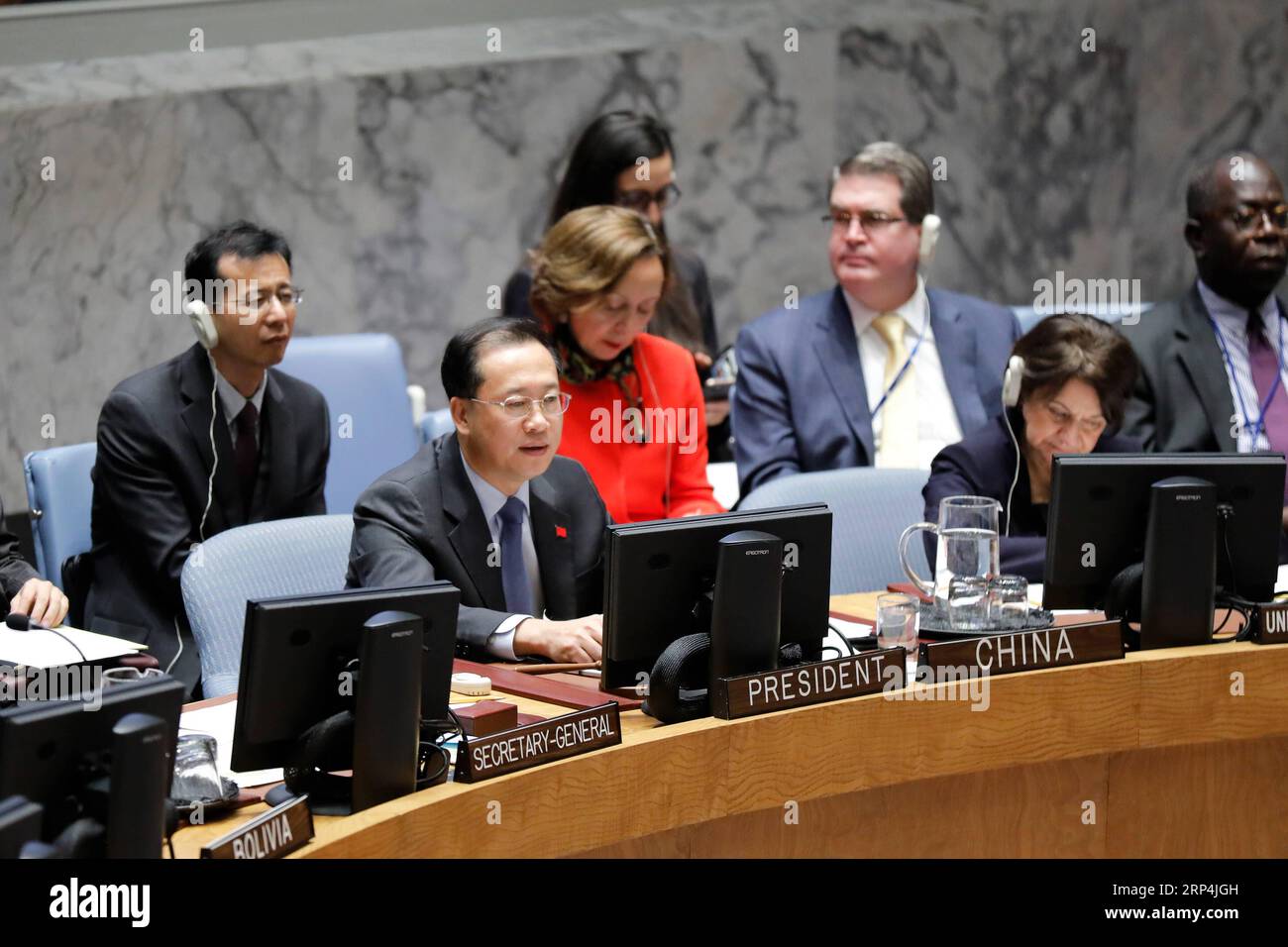 (181110) -- UNITED NATIONS, Nov. 10, 2018 () -- Ma Zhaoxu (L, front), China s permanent representative to the UN, addresses an open debate of the Security Council at the UN headquarters in New York, Nov. 9, 2018. Chinese envoy to the United Nations (UN) on Friday highlighted the importance of upholding multilateralism as the world is going through a new round of profound development as well as tectonic changes and adjustments. () (zxj) UN-SECURITY COUNCIL-MULTILATERALISM-CHINA Xinhua PUBLICATIONxNOTxINxCHN Stock Photo