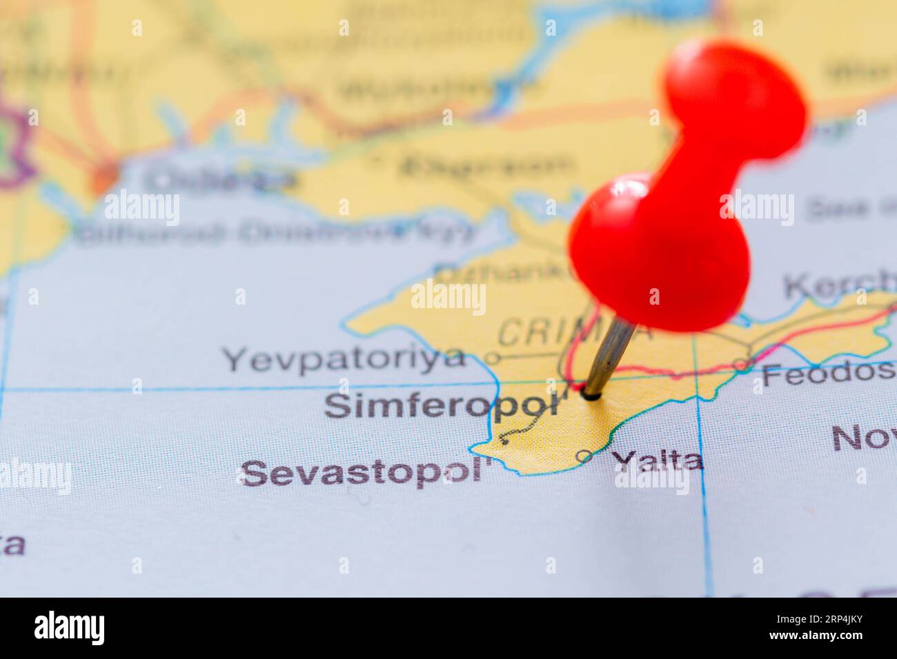 The location of Simferopol pinned on a map of Crimea Stock Photo
