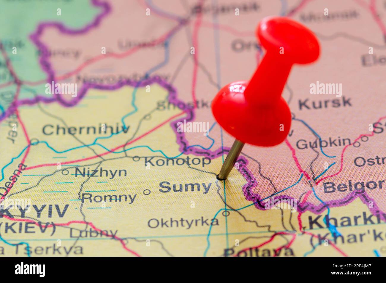 The location of Sumy pinned on a map of Ukraine Stock Photo