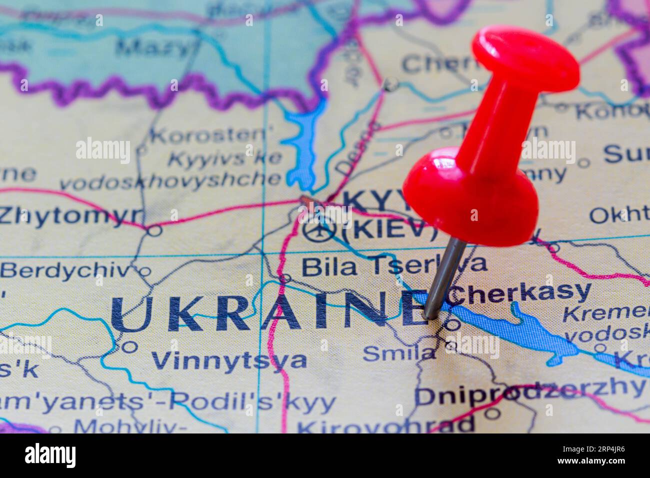 The location of Ukraine pinned on a map Stock Photo