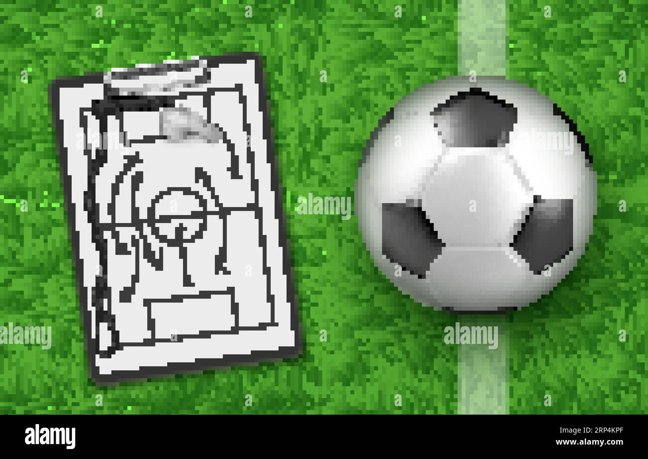 Soccer tactic, football ball and clipboard with coach drawings on