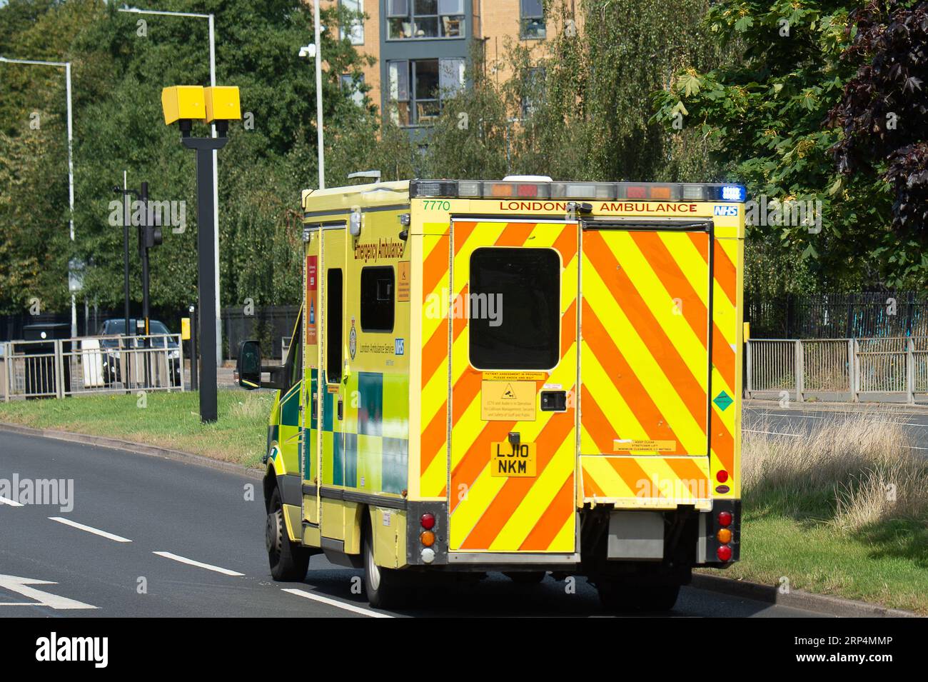 Uxbridge, London Borough of Hillingdon, UK. 3rd September, 2023. A London Ambulance out on an emergency call in Uxbridge in the London Borough of Hillingdon. According to the UK Health Security Agency (UKHSA), the number of people admitted to hospital with COVID-19 in England has reached its highest rate in three months. There were 3.4 admissions per 100,000 people in the week leading up to 27 August, which  marked the highest rate since mid-May. Credit: Maureen McLean/Alamy Live News Stock Photo