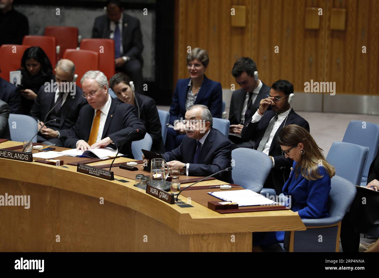 (181114) -- UNITED NATIONS, Nov. 14, 2018 -- Zahir Tanin (C, Front), Special Representative of the Secretary-General and Head of the United Nations Interim Administration Mission in Kosovo (UNMIK), addresses a Security Council meeting on Kosovo at the UN headquarters in New York, on Nov. 14, 2018. The top UN envoy in Kosovo on Wednesday called for social engagement for the success of negotiations on a possible new comprehensive agreement between Pristina and Belgrade. ) UN-SECURITY COUNCIL-MEETING-KOSOVO LixMuzi PUBLICATIONxNOTxINxCHN Stock Photo
