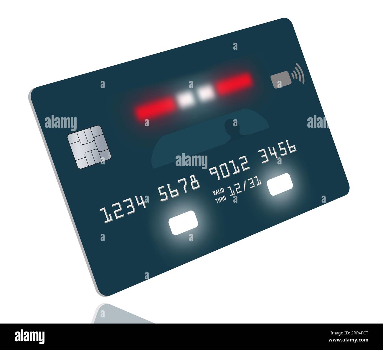 A police car with red lights on decorates a generic credit card in a 3-d illustration about credit card fraud and credit card theft. Stock Photo