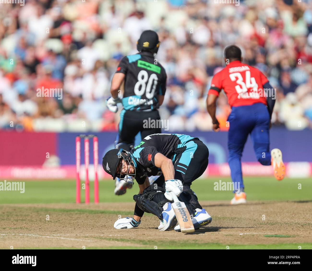 Birmingham, UK. 03rd Sep, 2023. Blackcaps Mitchell Santner in action during the England Men v New Zealand 3rd Vitality T20 International match between England and New Zealand at Edgbaston Cricket Ground, Birmingham, England on 3 September 2023. Photo by Stuart Leggett. Editorial use only, license required for commercial use. No use in betting, games or a single club/league/player publications. Credit: UK Sports Pics Ltd/Alamy Live News Stock Photo