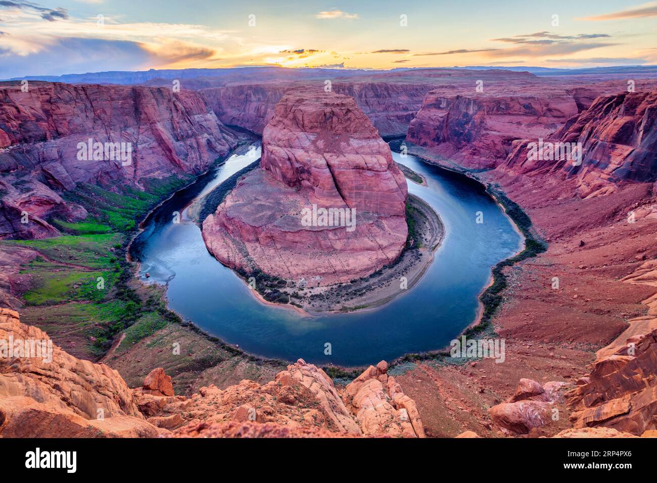 Horseshoe Bend, a meander of the Colorado River in the Glen Canyon area of Arizona, at sunset. Stock Photo