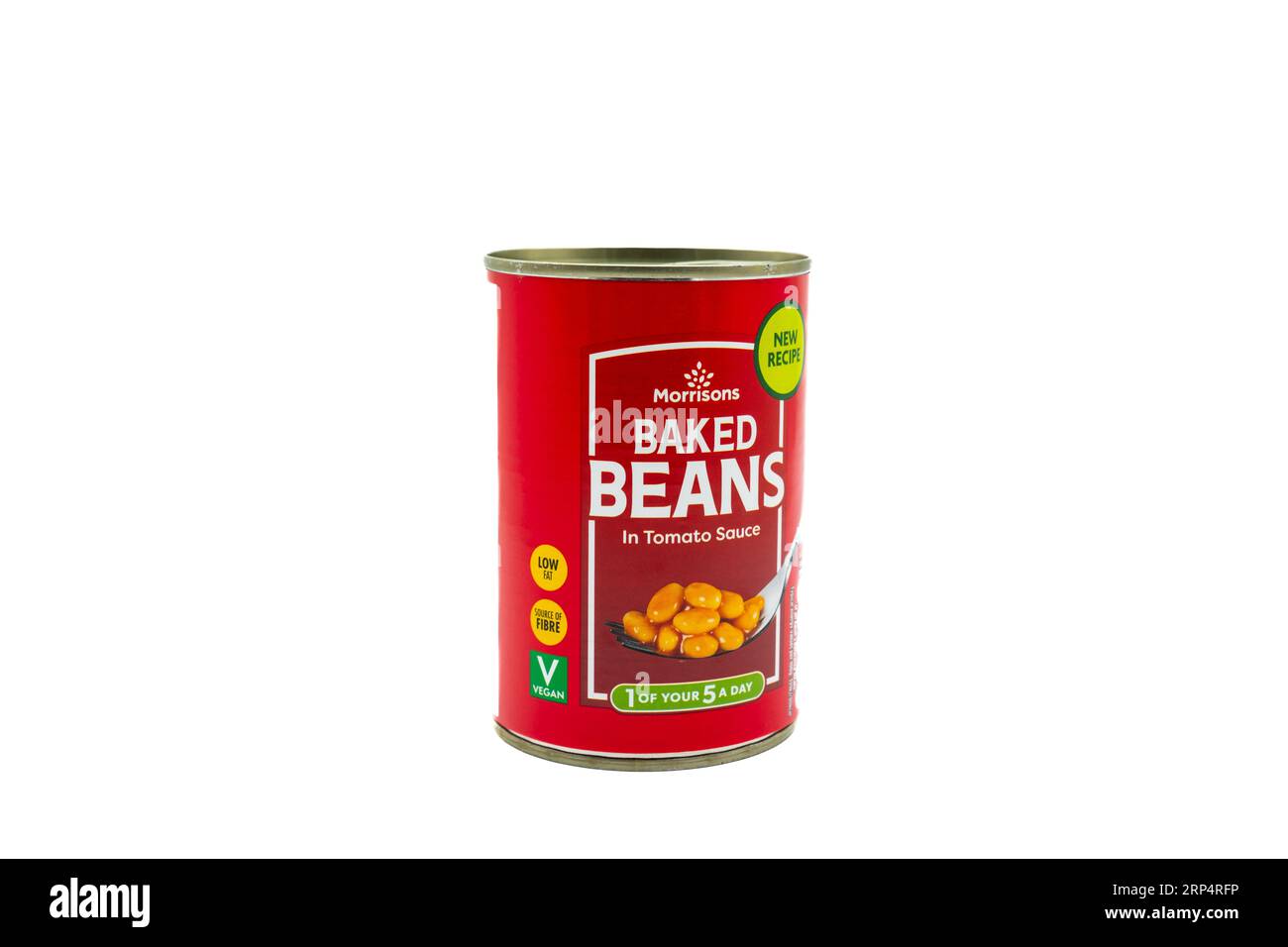 Irvine, Scotland, UK-July 21, 2023: Morrisons branded baked beans in tomato sauce contained in a recyclable tin can with graphics icons and symbols re Stock Photo